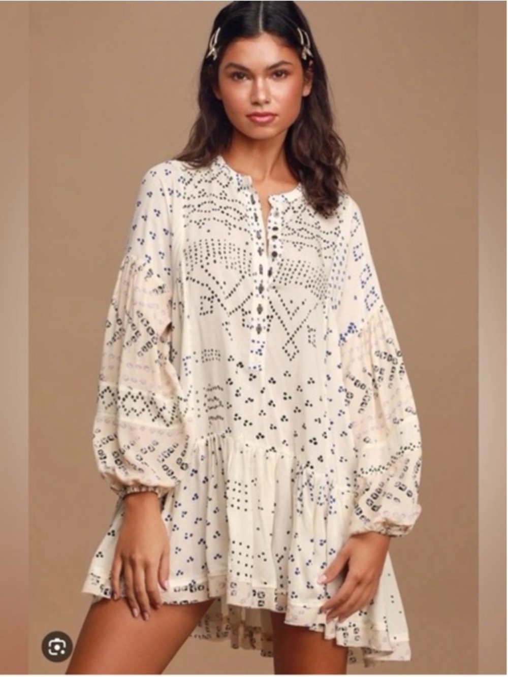 Free People Shibori Long Sleeve Tunic Peasant Blouse White/Blue Size XS Boho